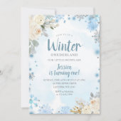冬のスノーフレークスオンダーランド1歳の誕生日フローラ 招待状 (正面)