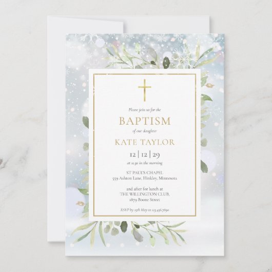 冬のスノーフレークスグリーンバプテスマ《キリスト教》洗礼式や命名式 招待状 (正面)