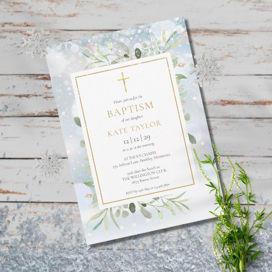 冬のスノーフレークスグリーンバプテスマ《キリスト教》洗礼式や命名式 招待状