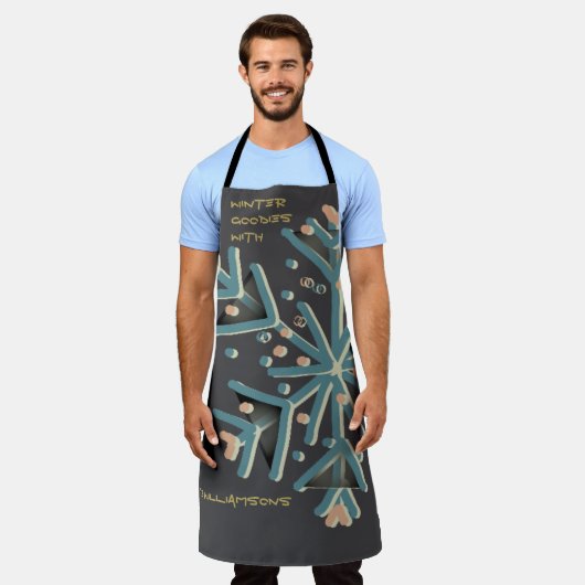 冬のスノーフレークタイポグラフィかわいい灰色のティール（緑がかった色）金ゴールド エプロン (着用した状態)