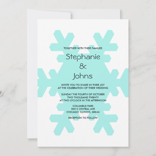冬のスノーフレークティール(緑がかった色)ブルーホワイトエレガントな結婚式 招待状 (正面)