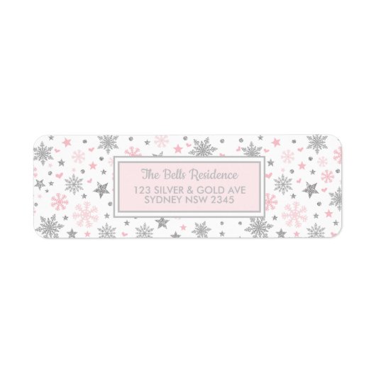 冬のスノーフレークピンクシルバーバースデーパーティーシャワー ラベル (正面)