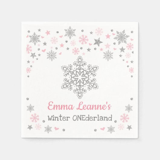 冬のスノーフレークピンクシルバー誕生日ベビーシャワー スタンダードカクテルナプキン (正面)