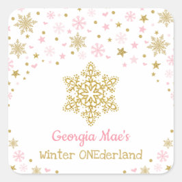 冬のスノーフレークピンク金ゴールド誕生日パーティーの好意 スクエアシール