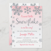 冬のスノーフレークピンク&シルバー赤ちゃんシャワー 招待状 (正面/裏面)