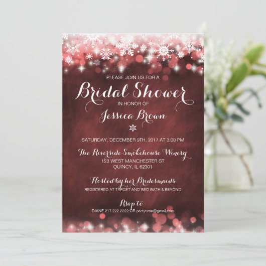 冬のスノーフレークブライダルシャワー招待 – 赤 招待状 (スタンド正面)