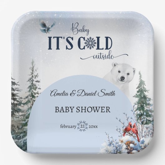 冬のスノーフレークベビーコールド外ベアフクロウ ペーパープレート (正面)