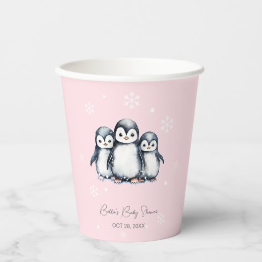 冬のスノーフレークペンギン赤ちゃんシャワー 紙コップ (正面)