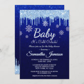 冬のスノーフレークボーイブルーベビーシャワーグリッタードリップ 招待状 (正面/裏面)