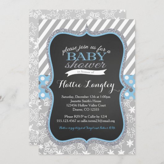 冬のスノーフレークボーイベビーシャワーの招待 招待状 (正面/裏面)