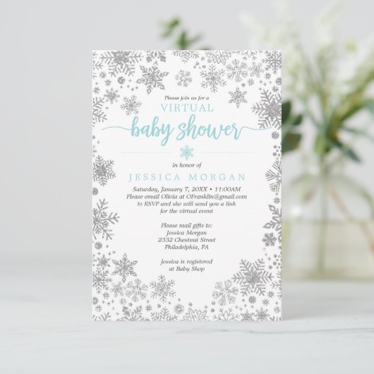 冬のスノーフレーク仮想ベビーシャワー招待状 招待状 (スタンド正面)