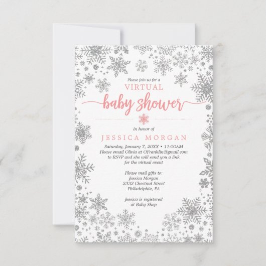 冬のスノーフレーク仮想ベビーシャワー招待状 招待状 (正面)