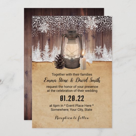 冬のスノーフレーク森ヴィンテージランタン結婚ズ 招待状 (正面/裏面)