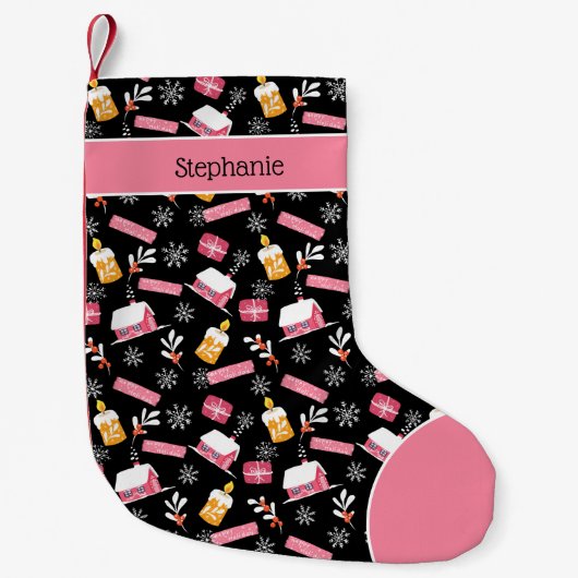 冬のスノーフレーク模様ブラックとピンクのカスタム スモールクリスマスストッキング (正面)