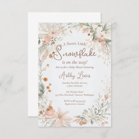 冬のスノーフレーク水色の花 招待状 (正面/裏面)