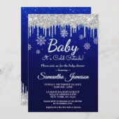 冬のスノーフレーク男の子ブルーシルバーベビーシャワー 招待状 (正面/裏面)