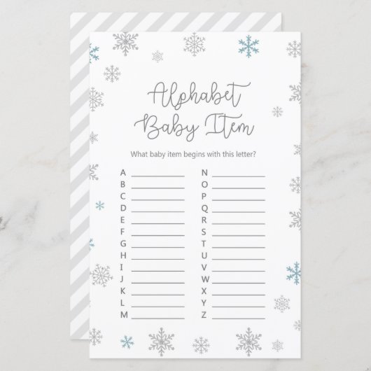 冬のスノーフレーク赤ちゃんシャワーゲーム印刷 (正面/裏面)