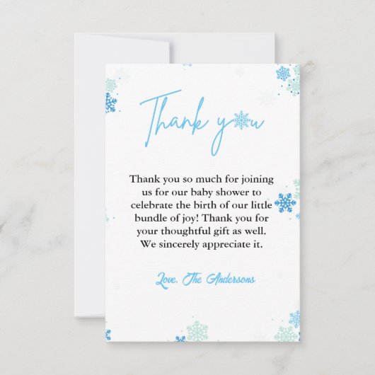 冬のスノーフレーク赤ちゃんシャワーサンキューカード 招待状 (正面)