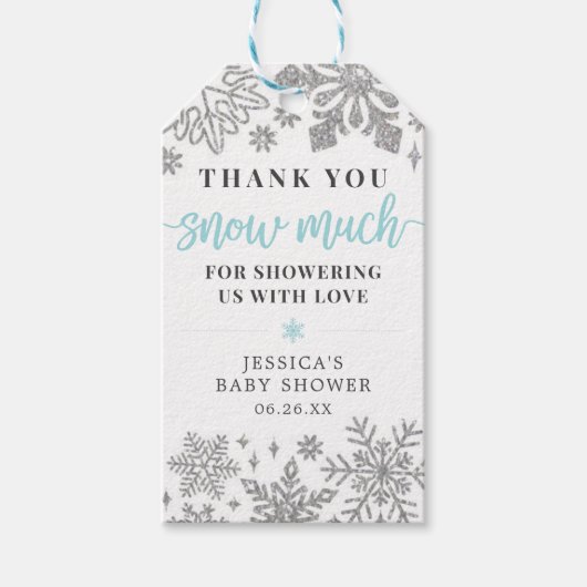 冬のスノーフレーク赤ちゃんシャワーメッセージカードブルー ギフトタグ (正面)
