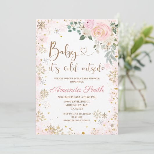 冬のスノーフレーク赤ちゃんシャワー外は寒い 招待状 (スタンド正面)