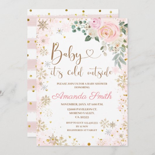 冬のスノーフレーク赤ちゃんシャワー外は寒い 招待状 (正面/裏面)