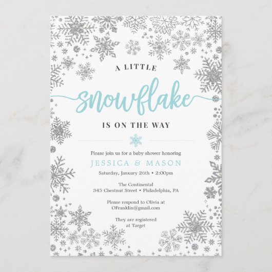 冬のスノーフレーク赤ちゃんシャワー招待状カード プログラム (正面)