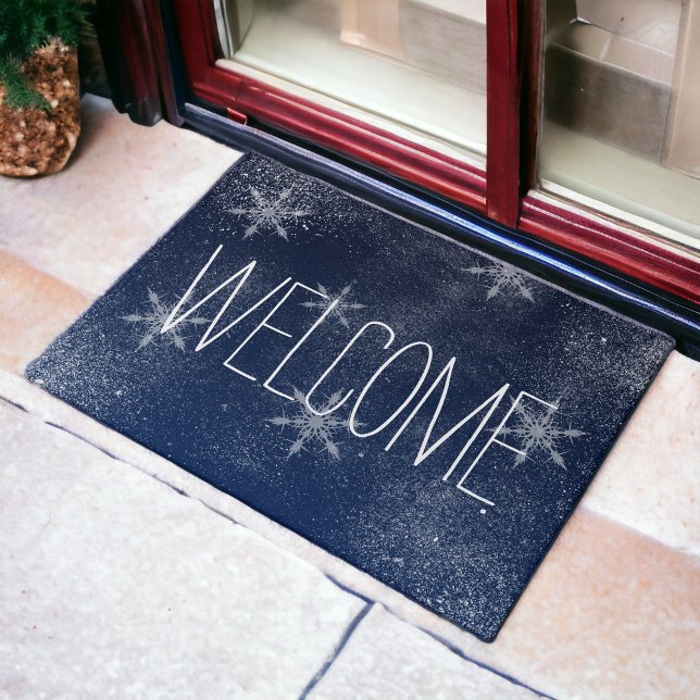 冬のスノーフレーク雪のネイビーブルークリスマス ドアマット (Winter snowflake snow navy blue Christmas Doormat)