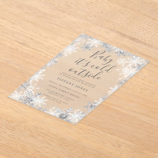 冬のスノーフレーク霜の赤ちゃんシャワー アクリル招待状 (レイダウン)