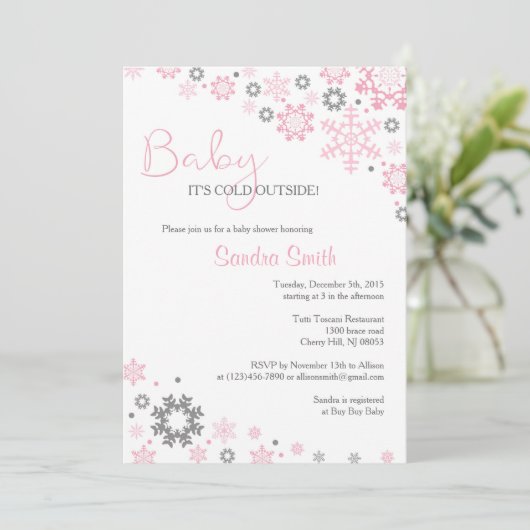 冬のスノーフレーク·ベビーシャワー招待状が少女向け 招待状 (スタンド正面)