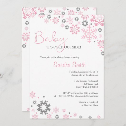 冬のスノーフレーク·ベビーシャワー招待状が少女向け 招待状 (正面/裏面)