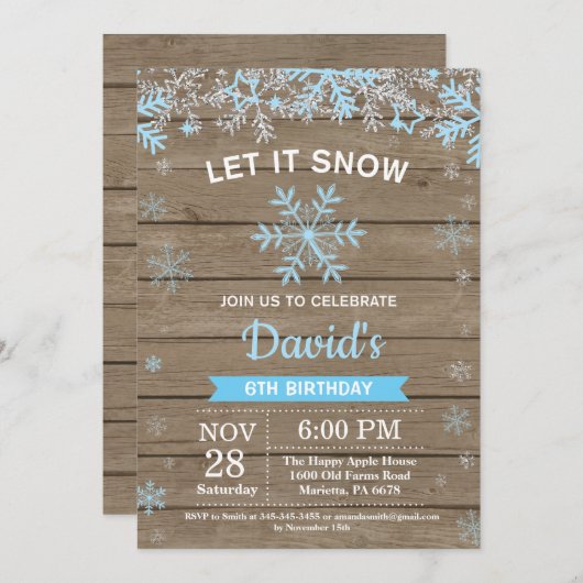 冬のスノーフレ素朴ークブルーシルバーボーイ誕生日 招待状 (正面/裏面)
