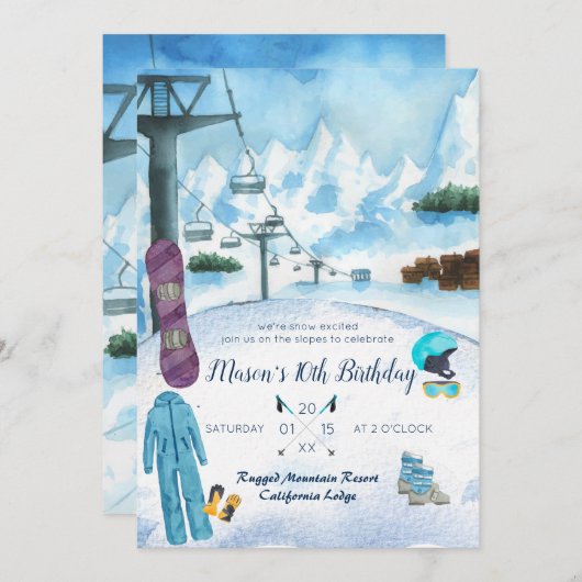冬のスノーボード誕生日パーティーの招待状 (正面/裏面)