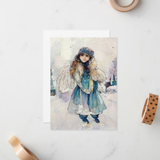 冬のスピリットウォーターカラーエンジェルアート ノートカード (正面/裏面インサイチュ)