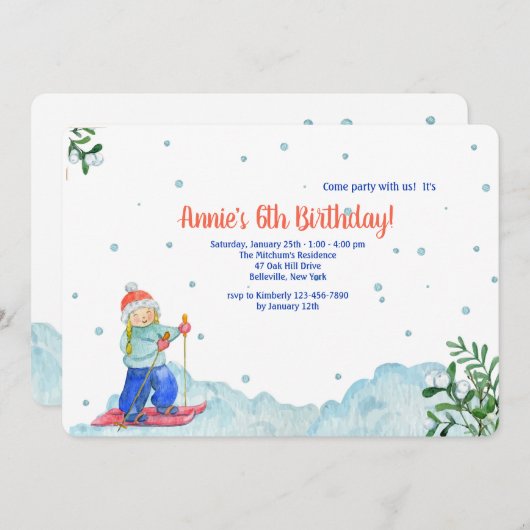 冬のスポーツをする女の子のパーティー招待状 招待状 (正面/裏面)
