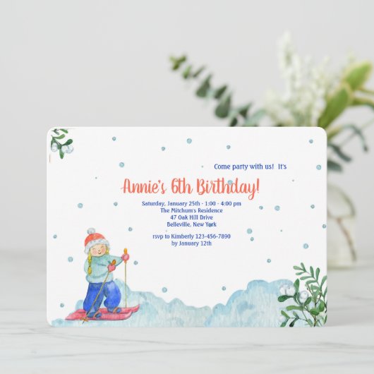冬のスポーツをする女の子のパーティー招待状 招待状 (スタンド正面)