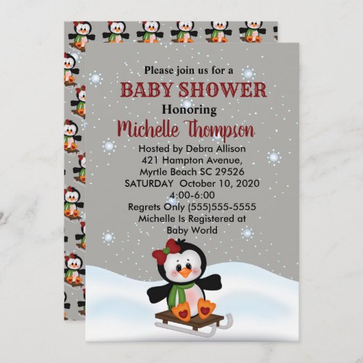 冬のスリングペンギン赤ちゃんシャワー/誕生日招待状 招待状 (正面/裏面)