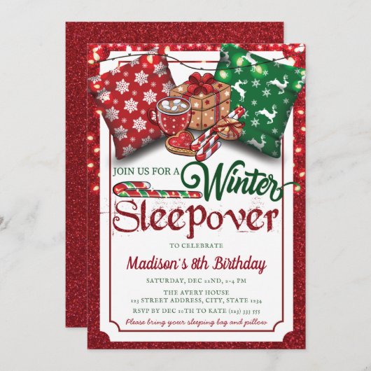 冬のスリーポバーバースデーパーティレッドグリッター 招待状 (正面/裏面)