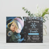 冬のス素朴ノーフレークブルーシルバーボーイ誕生日 招待状 (スタンド正面)