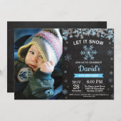 冬のス素朴ノーフレークブルーシルバーボーイ誕生日 招待状 (正面/裏面)