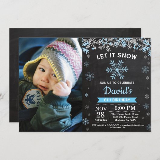 冬のス素朴ノーフレークブルーシルバーボーイ誕生日 招待状 (正面/裏面)