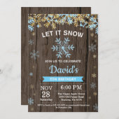 冬のス素朴ノーフレークブルー&金ゴールドボーイ誕生日 招待状 (正面/裏面)