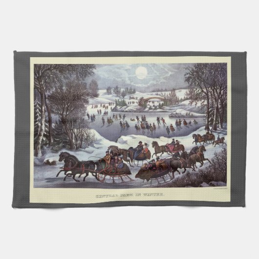 冬のセントラルパーク、ヴィンテージクリスマススリーツ キッチンタオル (横)