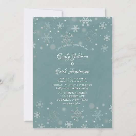 冬のセージ水の色ホワイトスノーフレーク結婚の 招待状 (正面)