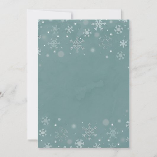 冬のセージ水の色ホワイトスノーフレーク結婚の 招待状 (裏面)