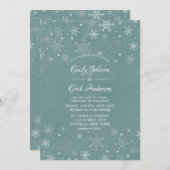 冬のセージ水の色ホワイトスノーフレーク結婚の 招待状 (正面/裏面)