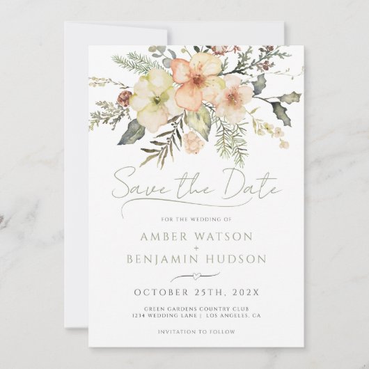 冬のセージ緑のクリスマスフローラの日付を保存 招待状 (正面)