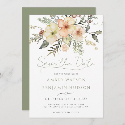 冬のセージ緑のクリスマスフローラの日付を保存 招待状 (正面/裏面)