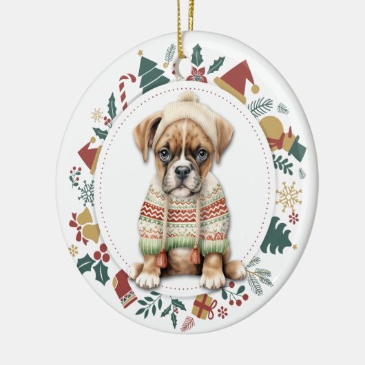 冬のセーターでボクサーの子犬クリスマス セラミックオーナメント (左)