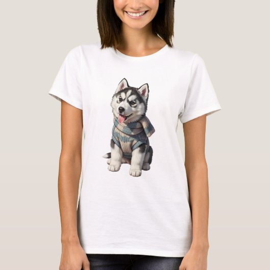 冬のセーターを着たかわいいハスキー子犬 Tシャツ (正面)