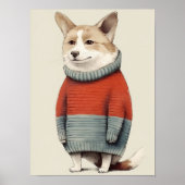冬のセーターを着たコーギー、可愛い犬のイラスト ポスター (正面)